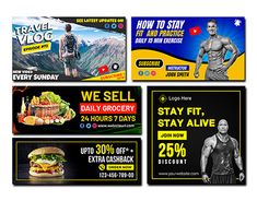 four advertising banners for gyms and fitness clubs, with an image of a man in the background