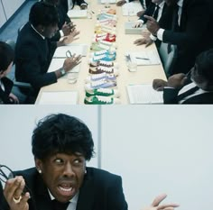 two pictures of people sitting at a long table with cakes on it and one has his hands in the air