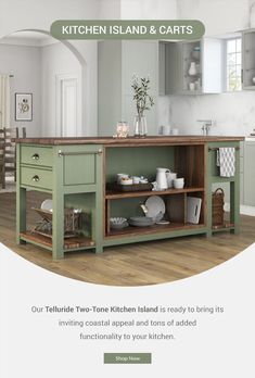 a kitchen with green cabinets and wooden flooring in the middle of it is shown