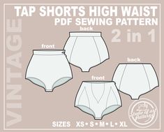 THIS IS A SEWING PATTERNS AND NOT A READY TO WEAR  PRODUCT.  Pattern a High-waisted adjacent shorts. The pattern for the shorts is designed to be sewn from linen or cotton fabric without elastane (faux leather or jacquard can be used). Shorts have a lining. Fastens with a zipper and a button on the left side seam. The design can be embellished withlace ribbon, looped trim, or applique.  THIS LISTING INCLUDES PACK SIZES XS, S, M, L, XL, SO YOU CAN SELECT ONLY THE SIZE YOU WANT TO PRINT. You will Shorts Sewing Pattern, Shorts Sewing, Tap Shorts, Shorts Pattern, Romper Pattern, Vintage Swimsuits, Printing Center, Pdf Sewing Patterns, Needle And Thread