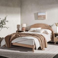 a bedroom with a bed, nightstands and a plant on the side table in front of it