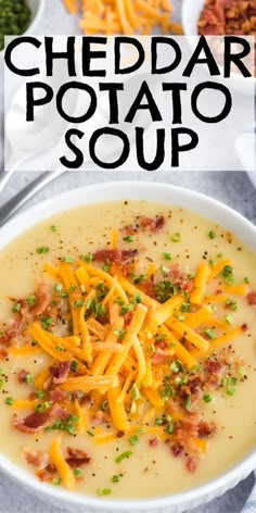 a bowl of cheddar potato soup with cheese on top