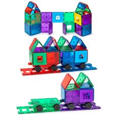 the colorful toy train is made out of plastic blocks