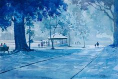 a watercolor painting of people walking in the snow near a gazebo and trees