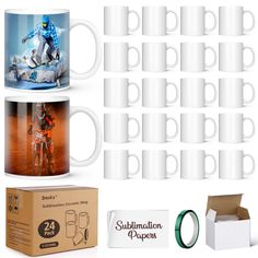 coffee mugs and other items are arranged in front of a box with the same image on it