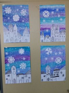 three pictures are hanging on the wall with snowflakes and buildings in them,