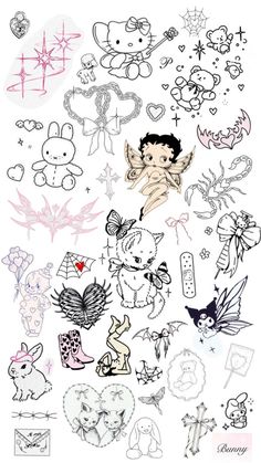 a bunch of drawings that are on top of a white sheet with black and pink ink