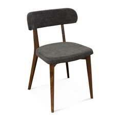 a grey chair with wooden legs and seat