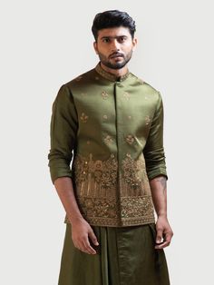 Luxury Bollywood Nehru Jacket For Reception, Luxury Nehru Jacket With Printed Motifs For Festivals, Luxury Semi-stitched Nehru Jacket For Designer Wear, Luxury Nehru Jacket For Fall, Luxury Single Breasted Nehru Jacket With Stand Collar, Luxury Elegant Sleeveless Nehru Jacket, Luxury Brocade Sherwani With Intricate Embroidery, Luxury Nehru Jacket For Ceremonial Occasions In Winter, Luxury Designer Hand Embellished Sherwani