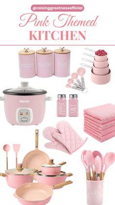 pink themed kitchen with pots, pans and utensils