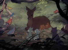 an animated scene with many animals in the woods, including a horse and two rabbits