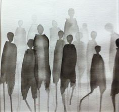 a group of people standing next to each other in front of a white wall with shadows on it