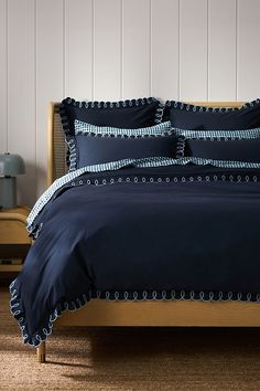 Maeve by Anthropologie Looped Organic Percale Duvet Cover Navy Bed Covet, Purcale Duvet Cover, Lombok Bed Anthropologie, Company Store Duvet Covers, Statement Duvet Covers, Navy Blue Bed Bedding, Navy Blue Duvet Cover Bedroom, Anthropolgie Bed, Mavy Bedding