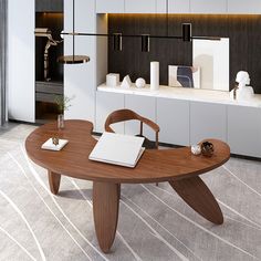 a wooden table sitting on top of a carpeted floor next to a white wall