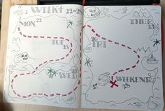 an open notebook with a map on the inside and words written in red, white and green