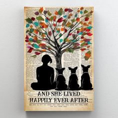 a dog and cat sitting under a tree with the words and she lived happily ever after