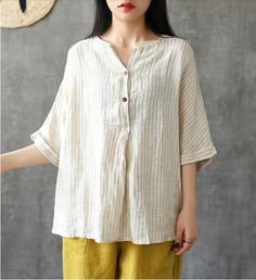 Summer Women Casual Blouse Cotton Linen Shirts stripes Women Tops Linen Shirts Women, Blouse Cotton, Linen Shirts, Silver Necklaces Women, Organic Colors, Cotton Linen Fabric, Loose Style, Shirts Women, Casual Blouse