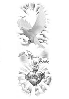 two drawings of doves, heart and cross with sun rays coming out from behind them