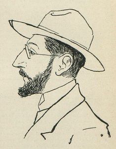 a black and white drawing of a man wearing a hat