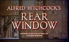 an advertisement for the film rear window, with red letters and windowsills in the background