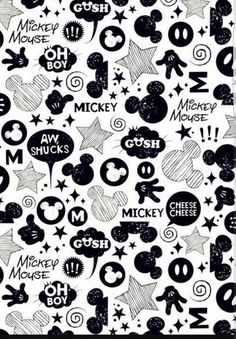 black and white mickey mouse pattern with words