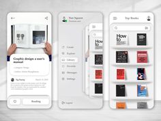 three screens showing different books on the same page, one with an open book in it and
