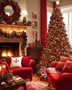 a living room decorated for christmas with red furniture