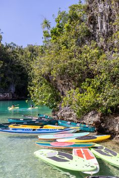 many colorful boats are lined up in the water near some rocks and trees on the shore