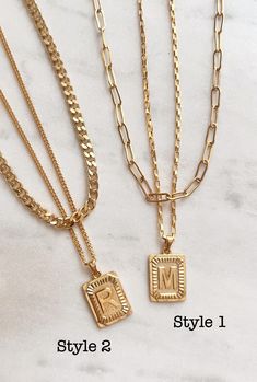 24K gold plated vintage style layered initial tag necklace set. -------------------- Details ・Style 1 -24K gold plated paper clip chain + 24K gold plated 2.2mmbox chain ・Style 2 -24K gold plated curb chain + 2mm 24K gold plated curb chain ・Size of the initial pendant :16x19mm --------------------  Necklace Length * This necklace is available in 4 sizes.  The initial necklace is 2-inch longer.  12" top chain + 14" initial necklace 14" top chain + 16" initial necklace 16" top chain + 18" initial n Initial Tag Necklace, Necklace Gold Chain, Letter Jewelry, Magical Jewelry, Jewelry Personalized, Kids Necklace, Doll Stuff, Plastic Jewelry, Gold Initial