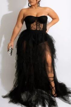 Black Sexy Plus Size Solid Patchwork See-through Backless Strapless Evening Dress Sheer Backless Mesh Dress For Club, Sheer Strapless Mesh Dress For Night Out, Chic Sheer Strapless Mesh Dress, Fancy Boutique, Strapless Evening Dress, Tulle Maxi Skirt, Mesh Corset, Evening Gown Dresses, Bodycon Maxi Dresses