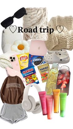 the contents of a travel bag are shown with text reading road trip essentials for traveling