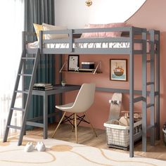 a loft bed with a desk underneath it and a ladder to the top that leads up