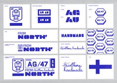 several different logos and stickers on a white surface with blue lettering that says from north to north