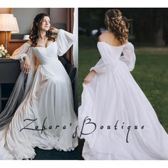 two pictures of the same woman in wedding dresses, one is wearing an off shoulder gown