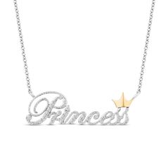 She'll love every princess-perfect detail of this chic diamond necklace from the Enchanted Disney Fine Jewelry Collection. Created in sterling silver, this look features the word "Princess" in an elegant script font lined with diamonds. A 10K gold crown adds eye-catching color. Radiant with 1/10 ct. t.w. of diamonds and a brilliant buffed luster, this word art suspends centered along an 18.0-inch cable chain that secures with a spring-ring clasp. ©Disney Princess With Crown, Disney Princess Jewelry, Enchanted Disney, Enchanted Disney Fine Jewelry, Disney Fine Jewelry, Word Necklace, Diamond Princess, Princess Jewelry, Princess Necklace