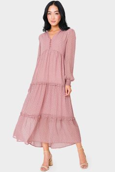 Print Chiffon Maxi Dress, Pink Dress Women, Long Sleeve Chiffon Dress, Chiffon Long Sleeve, Chiffon Maxi, Layer Dress, Chiffon Maxi Dress, Tiered Maxi Dress, Feminine Look