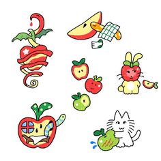 an assortment of cartoon fruits and vegetables on a white background