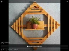 a wooden shelf holding a potted plant on top of it's side,