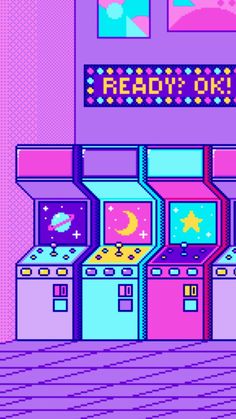 an old school video game with arcade machines in the foreground and neon colors on the walls