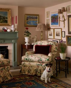 a dog sitting in the middle of a living room next to a chair and fireplace