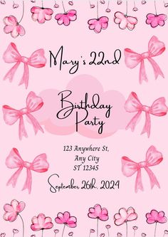 a pink birthday party card with bows and hearts