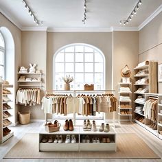 a store with lots of clothes and shoes on display in front of a large window