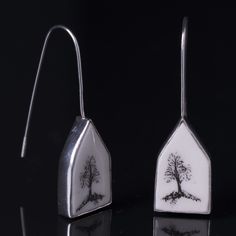 Ceramic Earrings - These porcelain earrings with trees have a sterling silver bezel and sterling silver ear wire.  These earrings were inspired by the artists surroundings in Amish Country (Lancaster County, PA). <br><br /> Care for these earrings is easy.  Simply polish them with a polishing cloth.  Do not dip the porcelain in any sterling silver cleaner. White Ceramic Jewelry As A Gift, Handmade White Enamel Earrings, Earrings Ceramics, Pottery Earrings Handmade Ceramic, Porcelain Earrings Ceramic Jewelry, House Earrings, Sterling Silver Cleaner, Silver Jewelry Cleaner, Artsy Jewelry