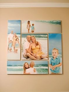 the family photos are hanging on the wall next to each other, and one is holding a baby