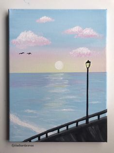 a painting of a pier with two birds flying over the water and a full moon in the sky