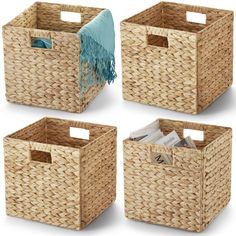 four baskets with handles are shown in three different positions, one is empty and the other has