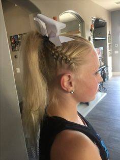 Cheer Hair High Ponytail, Competition Cheer Hairstyles, Cheer High Ponytail With Bow, Cheer Hairstyles With Bows Short Hair, Half Up Cheer Hair, Cheer Practice Hairstyles, Cheer Competition Hair