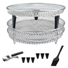 three tiered wire basket with utensils and spatulas