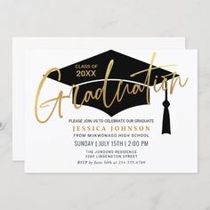 graduation party card with gold foil lettering and a black cap on it, in front of a white background