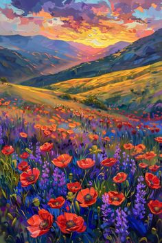 a painting of red poppies and lavenders in a field with mountains in the background